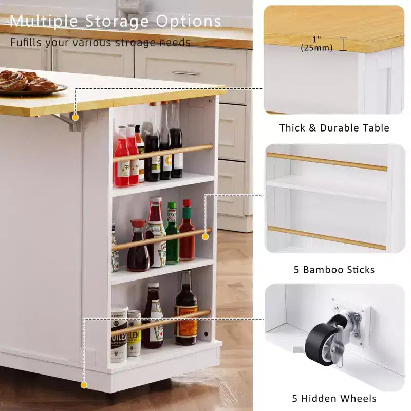 Îlot de cuisine de ferme de 54,5 po avec prise de courant, desserte de cuisine roulante avec étagère de rangement interne, abattant, porte-épices