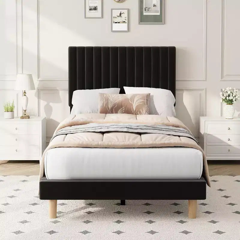 Velvet Bed Frame, Vertical Channel Tufted Headboard, Height Adjustable, Upholstered Platform Bed, No Box Spring Needed