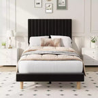 Velvet Bed Frame, Vertical Channel Tufted Headboard, Height Adjustable, Upholstered Platform Bed, No Box Spring Needed