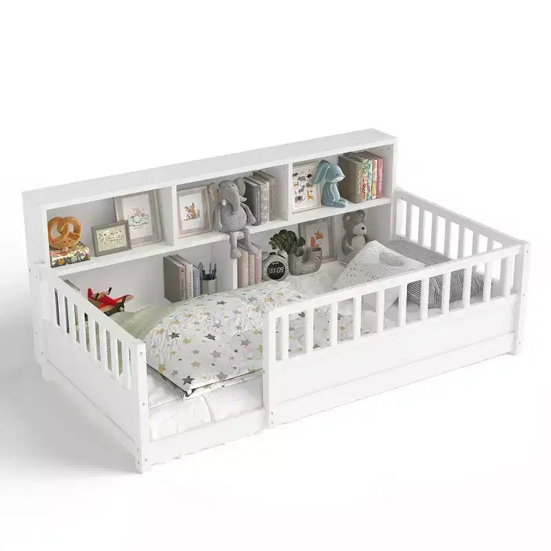 Lit au sol Montessori Bellemave en bois avec barrières de sécurité de style clôture de 21,4 pouces et 5 étagères de rangement, cadre de lit pour enfants pour chambre à coucher,