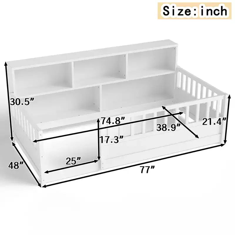 Lit au sol Montessori Bellemave en bois avec barrières de sécurité de style clôture de 21,4 pouces et 5 étagères de rangement, cadre de lit pour enfants pour chambre à coucher,