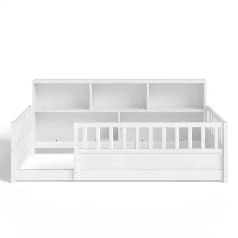 Lit au sol Montessori Bellemave en bois avec barrières de sécurité de style clôture de 21,4 pouces et 5 étagères de rangement, cadre de lit pour enfants pour chambre à coucher,