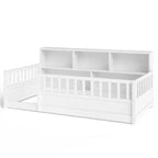 Lit au sol Montessori Bellemave en bois avec barrières de sécurité de style clôture de 21,4 pouces et 5 étagères de rangement, cadre de lit pour enfants pour chambre à coucher,