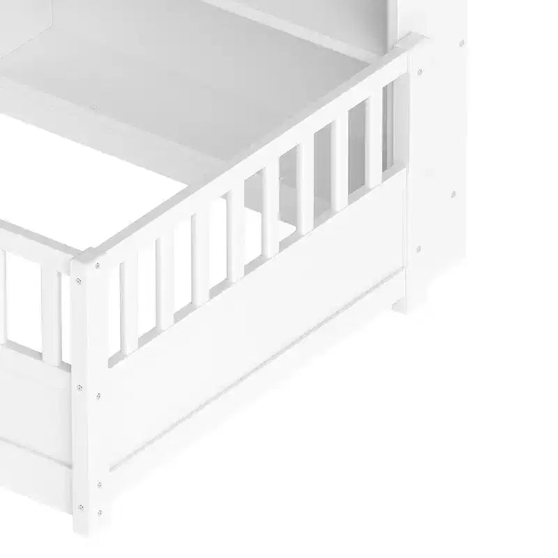 Lit au sol Montessori Bellemave en bois avec barrières de sécurité de style clôture de 21,4 pouces et 5 étagères de rangement, cadre de lit pour enfants pour chambre à coucher,