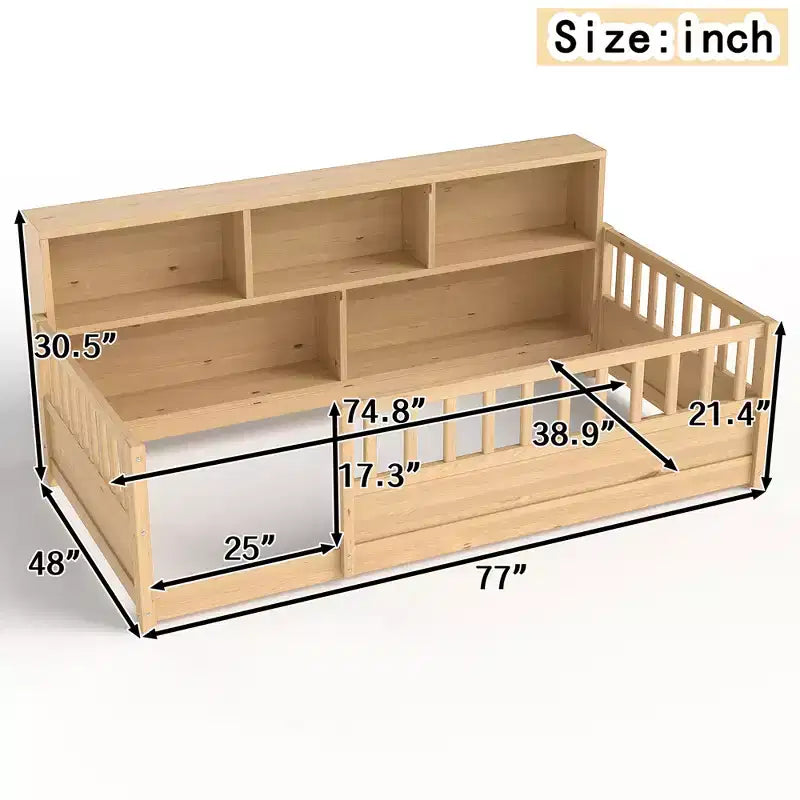 Lit au sol Montessori Bellemave en bois avec barrières de sécurité de style clôture de 21,4 pouces et 5 étagères de rangement, cadre de lit pour enfants pour chambre à coucher,
