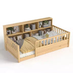 Lit au sol Montessori Bellemave en bois avec barrières de sécurité de style clôture de 21,4 pouces et 5 étagères de rangement, cadre de lit pour enfants pour chambre à coucher,