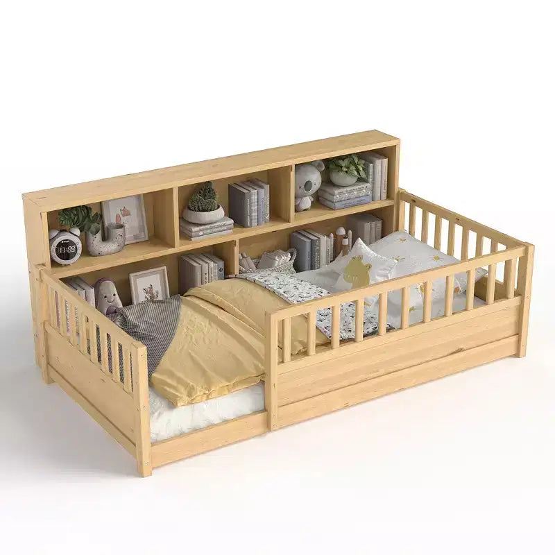 Lit au sol Montessori Bellemave en bois avec barrières de sécurité de style clôture de 21,4 pouces et 5 étagères de rangement, cadre de lit pour enfants pour chambre à coucher,