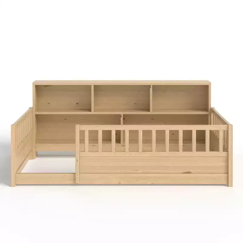 Lit au sol Montessori Bellemave en bois avec barrières de sécurité de style clôture de 21,4 pouces et 5 étagères de rangement, cadre de lit pour enfants pour chambre à coucher,