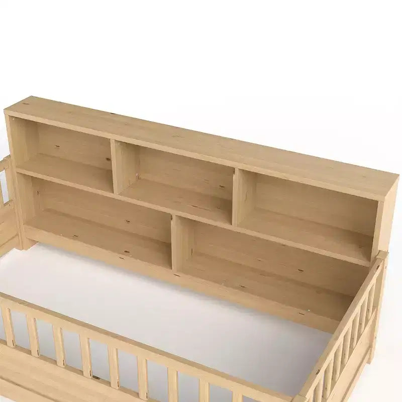 Lit au sol Montessori Bellemave en bois avec barrières de sécurité de style clôture de 21,4 pouces et 5 étagères de rangement, cadre de lit pour enfants pour chambre à coucher,