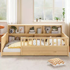 Bellemave Wood Montessori Floor Bed with 21.4'' Fence-Style Guardrails & 5 Storage Shelves, Kids Bed Frame for Bedroom,