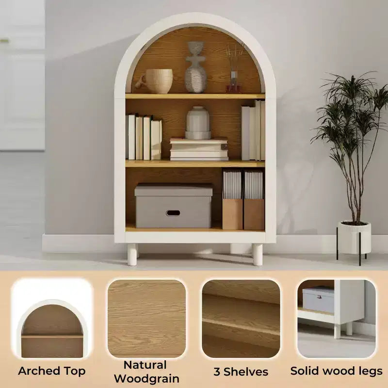 MAYEERTY Meuble de rangement arqué Étagère en bois avec 3 étagères Grain de bois pour salon chambre blanc