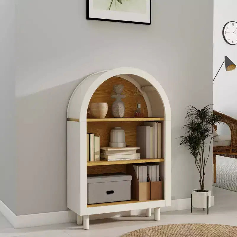 MAYEERTY Meuble de rangement arqué Étagère en bois avec 3 étagères Grain de bois pour salon chambre blanc