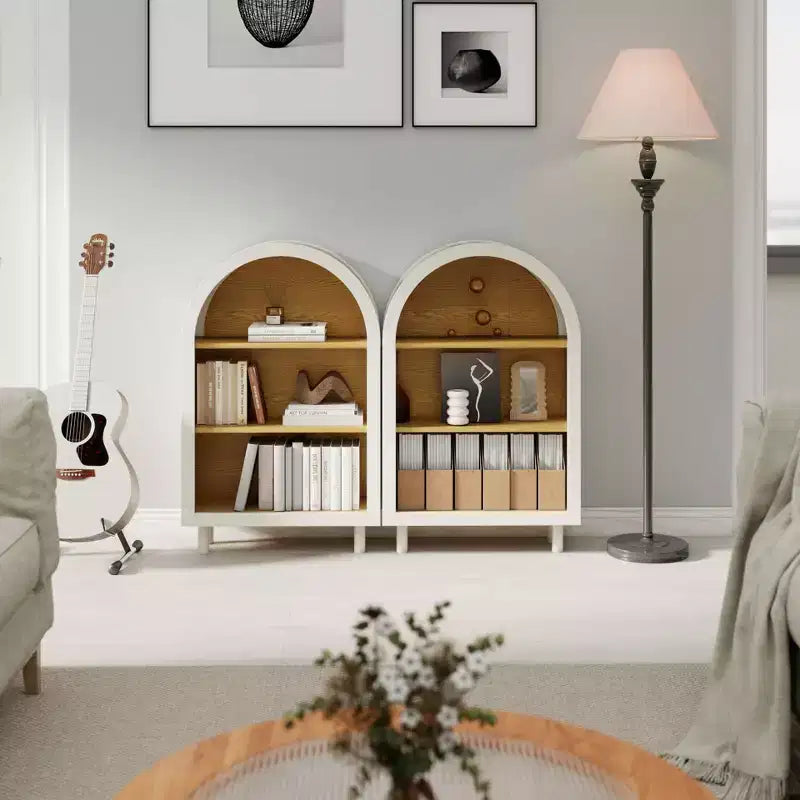 MAYEERTY Meuble de rangement arqué Étagère en bois avec 3 étagères Grain de bois pour salon chambre blanc