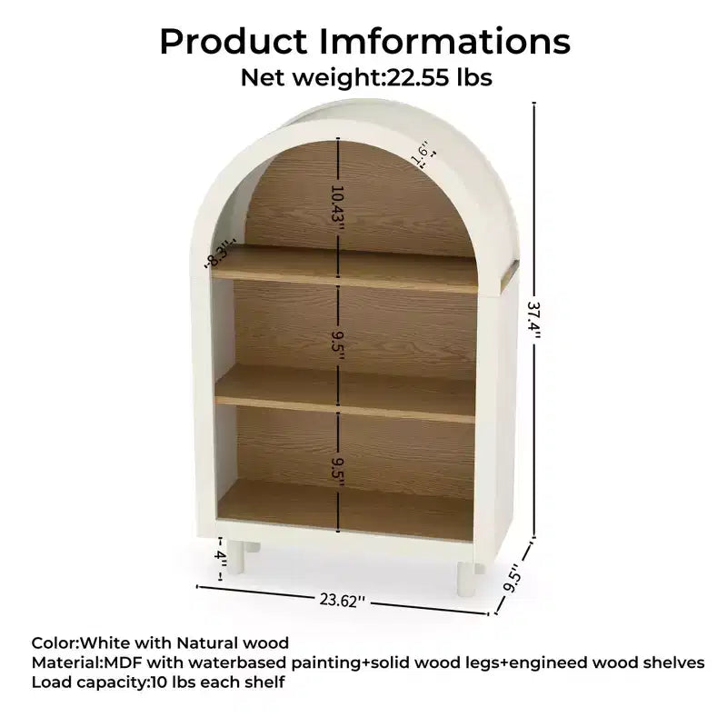 MAYEERTY Meuble de rangement arqué Étagère en bois avec 3 étagères Grain de bois pour salon chambre blanc