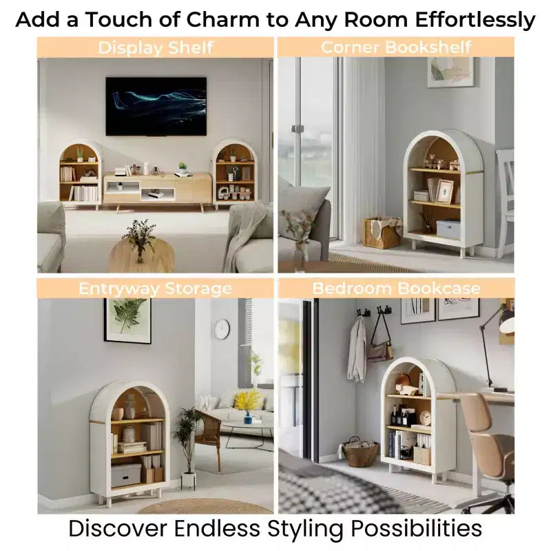 MAYEERTY Meuble de rangement arqué Étagère en bois avec 3 étagères Grain de bois pour salon chambre blanc