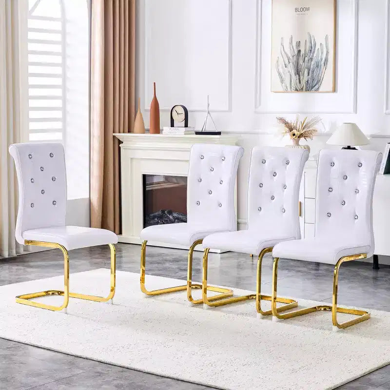 Set of 4 Upholstered Dining Chairs with Faux Leather and Crystal Buckle Details, with Durable Metal Legs