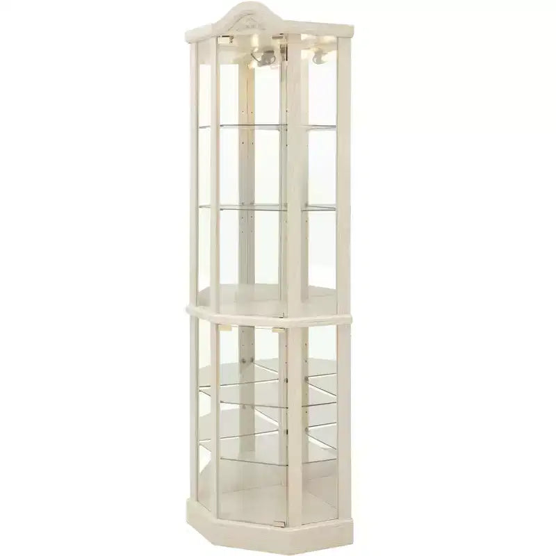Vitrine d'angle en verre avec lumière, décorations sculptées et étagères réglables pour bar ou vin