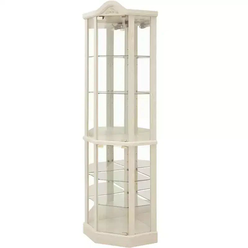 Vitrine d'angle en verre avec lumière, décorations sculptées et étagères réglables pour bar ou vin