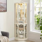 Vitrine d'angle en verre avec lumière, décorations sculptées et étagères réglables pour bar ou vin