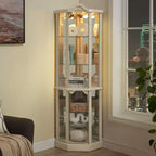 Vitrine d'angle en verre avec lumière, décorations sculptées et étagères réglables pour bar ou vin