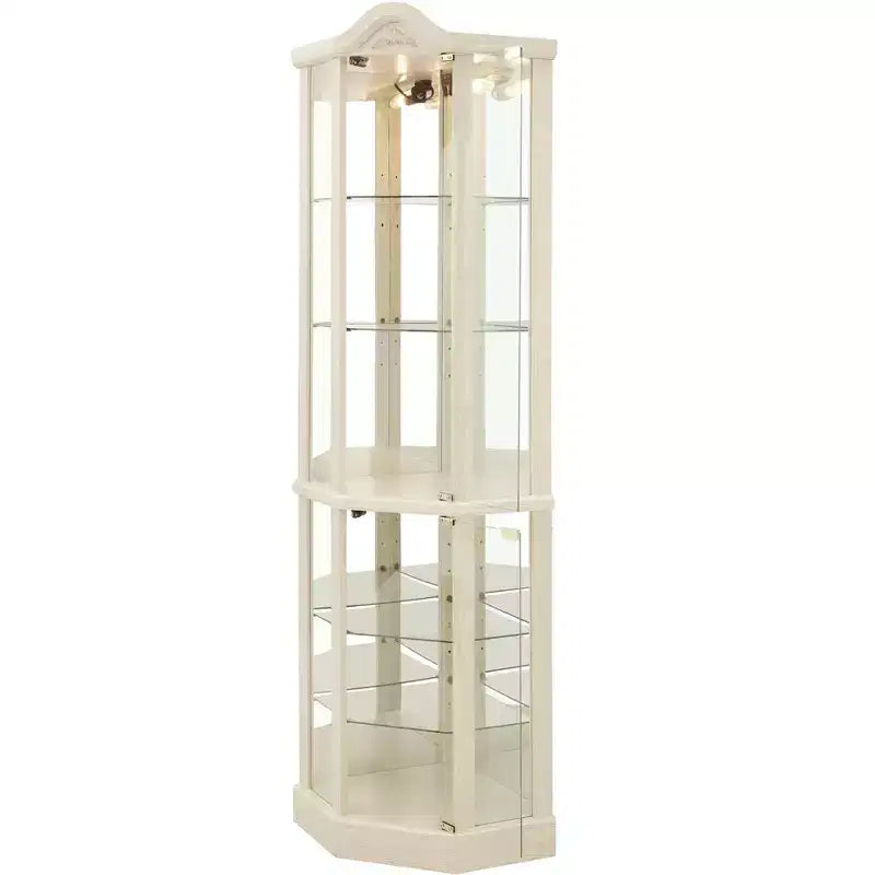 Vitrine d'angle en verre avec lumière, décorations sculptées et étagères réglables pour bar ou vin