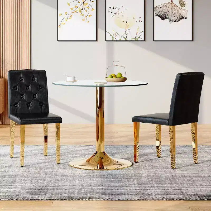 Lot de 2 chaises de salle à manger modernes rembourrées en PU avec pieds en métal doré, chaises luxueuses sans accoudoirs pour cuisine ou salle à manger-Panipeachy