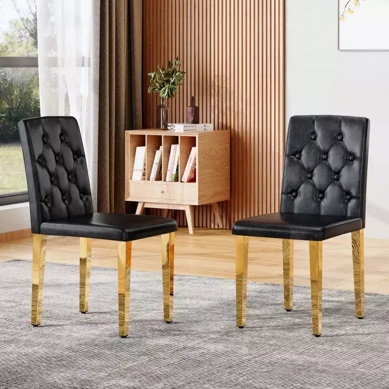 Set of 2 Modern PU Upholstered Dining Chairs with Golden Metal Legs, Luxurious Armless Chairs for Kitchen or Dining Room-Panipeachy