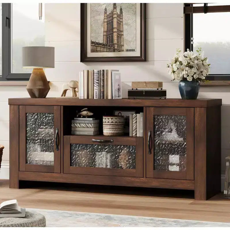 Meuble TV de style ferme pour téléviseur de 55 pouces, meuble de divertissement avec porte en acrylique et étagères réglables, buffet de rangement pour salon