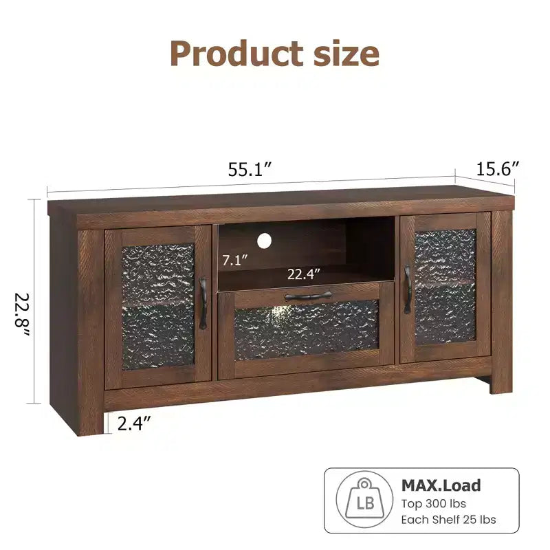Meuble TV de style ferme pour téléviseur de 55 pouces, meuble de divertissement avec porte en acrylique et étagères réglables, buffet de rangement pour salon
