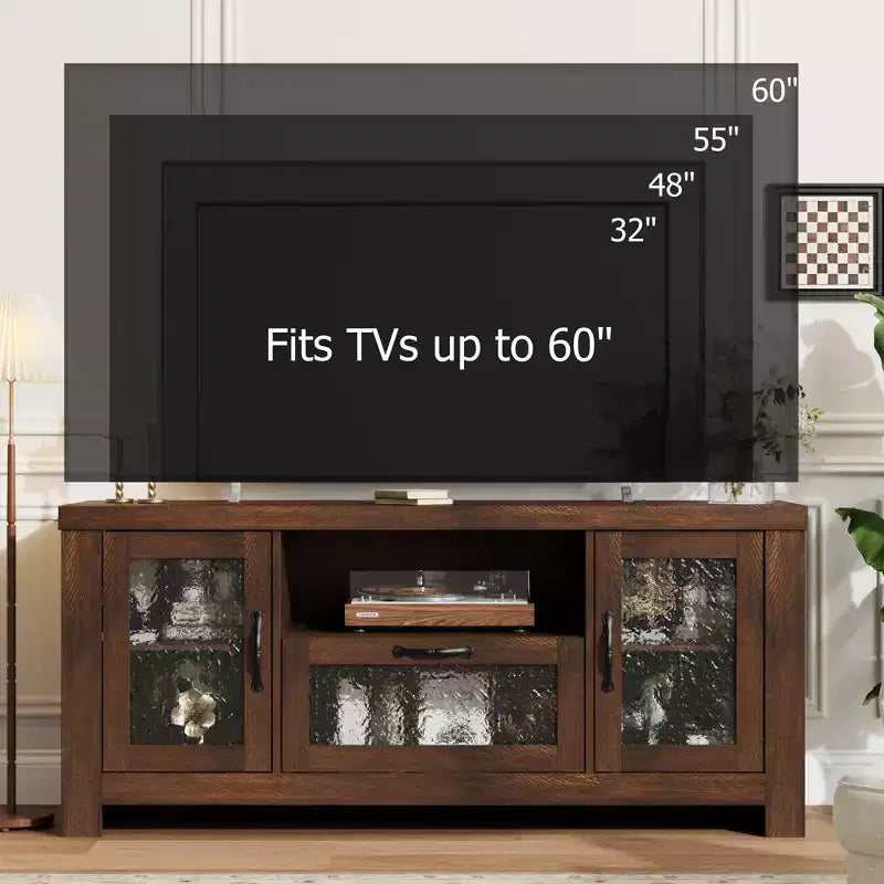 Meuble TV de style ferme pour téléviseur de 55 pouces, meuble de divertissement avec porte en acrylique et étagères réglables, buffet de rangement pour salon