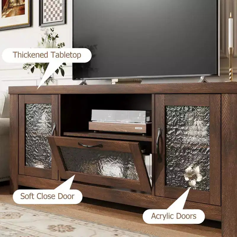 Meuble TV de style ferme pour téléviseur de 55 pouces, meuble de divertissement avec porte en acrylique et étagères réglables, buffet de rangement pour salon