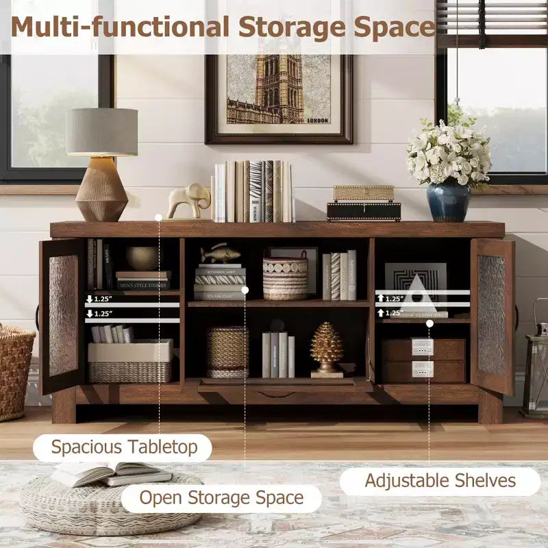 Meuble TV de style ferme pour téléviseur de 55 pouces, meuble de divertissement avec porte en acrylique et étagères réglables, buffet de rangement pour salon