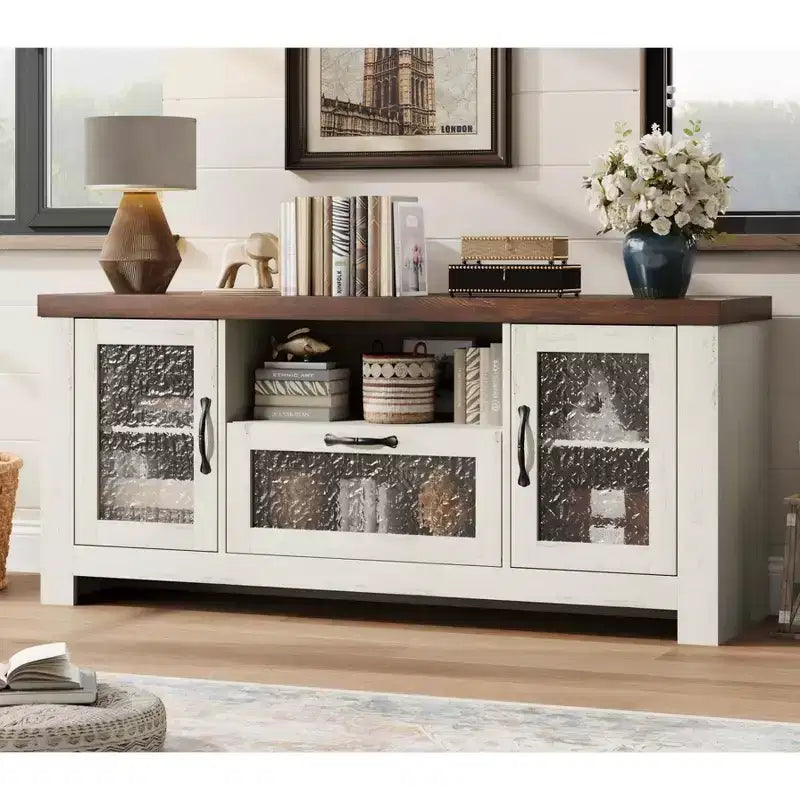 Meuble TV de style ferme pour téléviseur de 55 pouces, meuble de divertissement avec porte en acrylique et étagères réglables, buffet de rangement pour salon