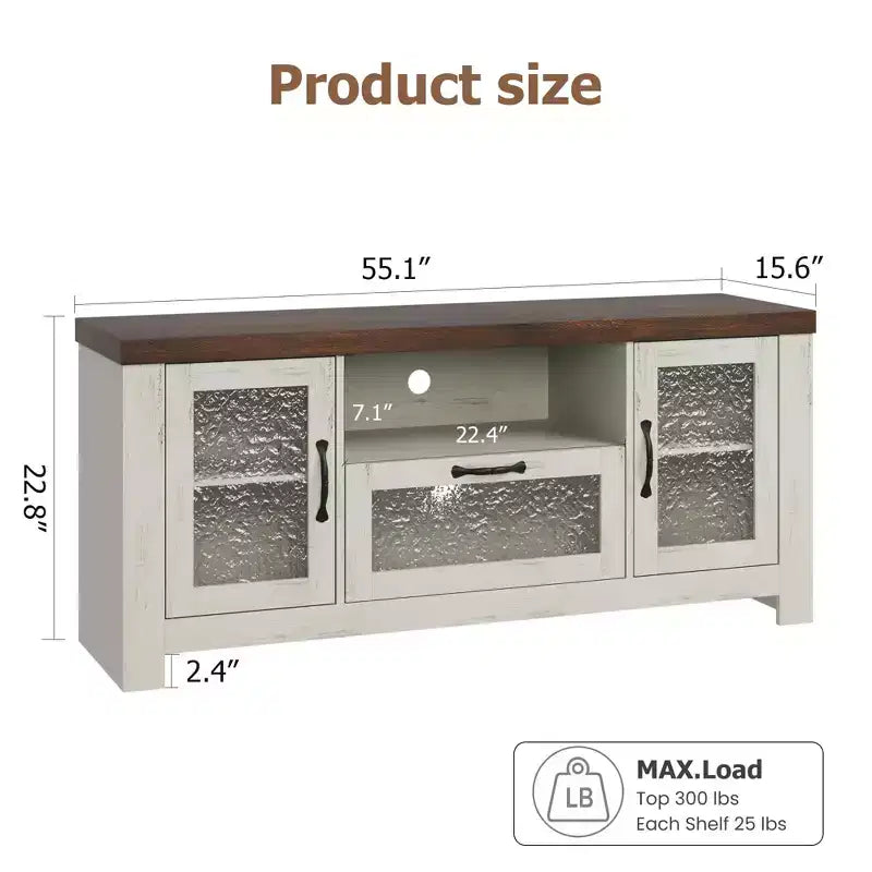Meuble TV de style ferme pour téléviseur de 55 pouces, meuble de divertissement avec porte en acrylique et étagères réglables, buffet de rangement pour salon