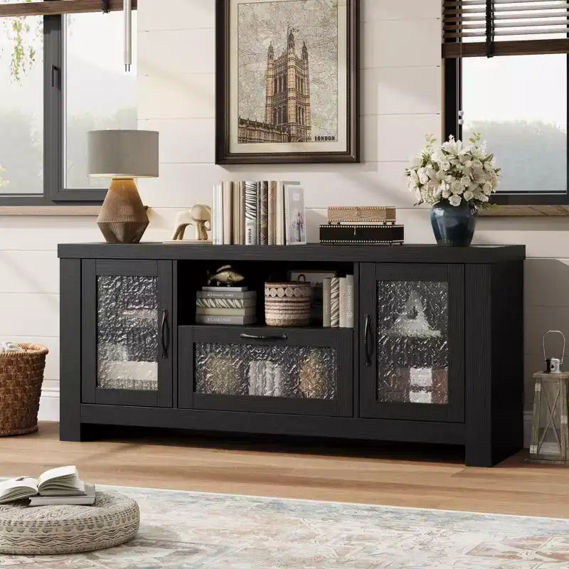 Meuble TV de style ferme pour téléviseur de 55 pouces, meuble de divertissement avec porte en acrylique et étagères réglables, buffet de rangement pour salon