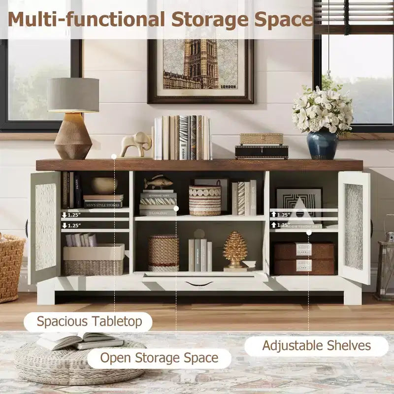 Meuble TV de style ferme pour téléviseur de 55 pouces, meuble de divertissement avec porte en acrylique et étagères réglables, buffet de rangement pour salon