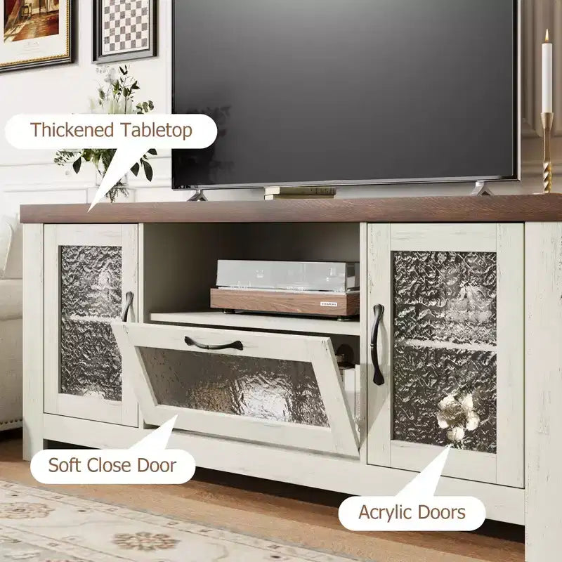 Meuble TV de style ferme pour téléviseur de 55 pouces, meuble de divertissement avec porte en acrylique et étagères réglables, buffet de rangement pour salon