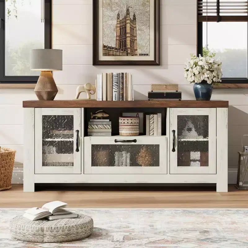 Meuble TV de style ferme pour téléviseur de 55 pouces, meuble de divertissement avec porte en acrylique et étagères réglables, buffet de rangement pour salon