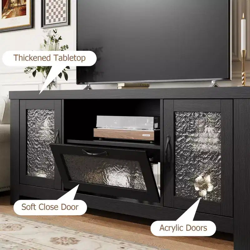 Meuble TV de style ferme pour téléviseur de 55 pouces, meuble de divertissement avec porte en acrylique et étagères réglables, buffet de rangement pour salon