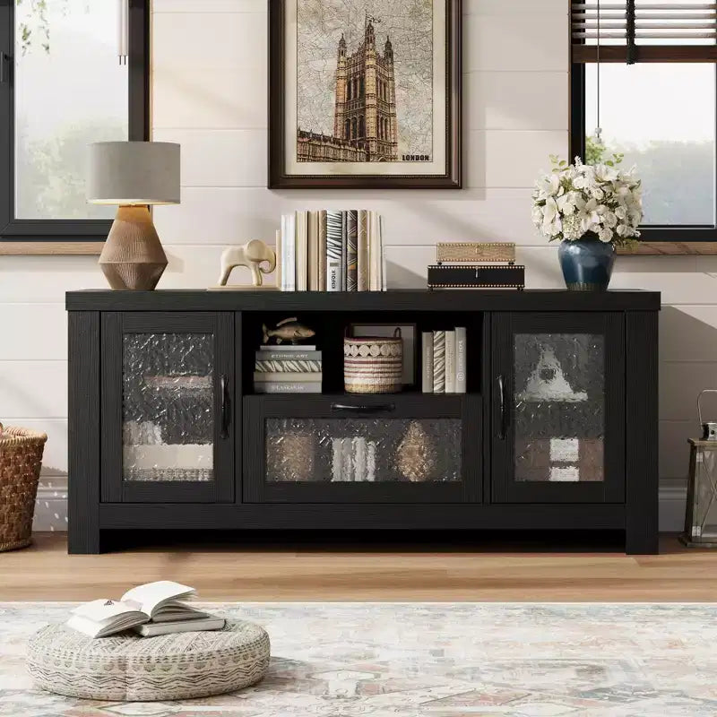 Meuble TV de style ferme pour téléviseur de 55 pouces, meuble de divertissement avec porte en acrylique et étagères réglables, buffet de rangement pour salon