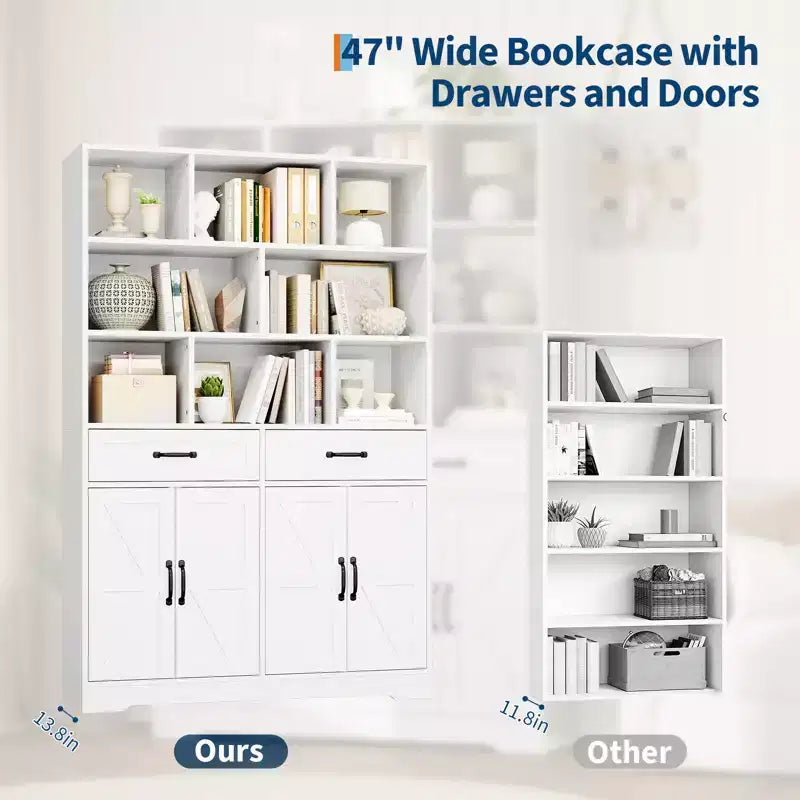 Bibliothèque haute de 71 po avec 2 tiroirs, étagère à livres en bois à 5 niveaux avec tablettes réglables, étagères de présentation ouvertes sur pied pour salon