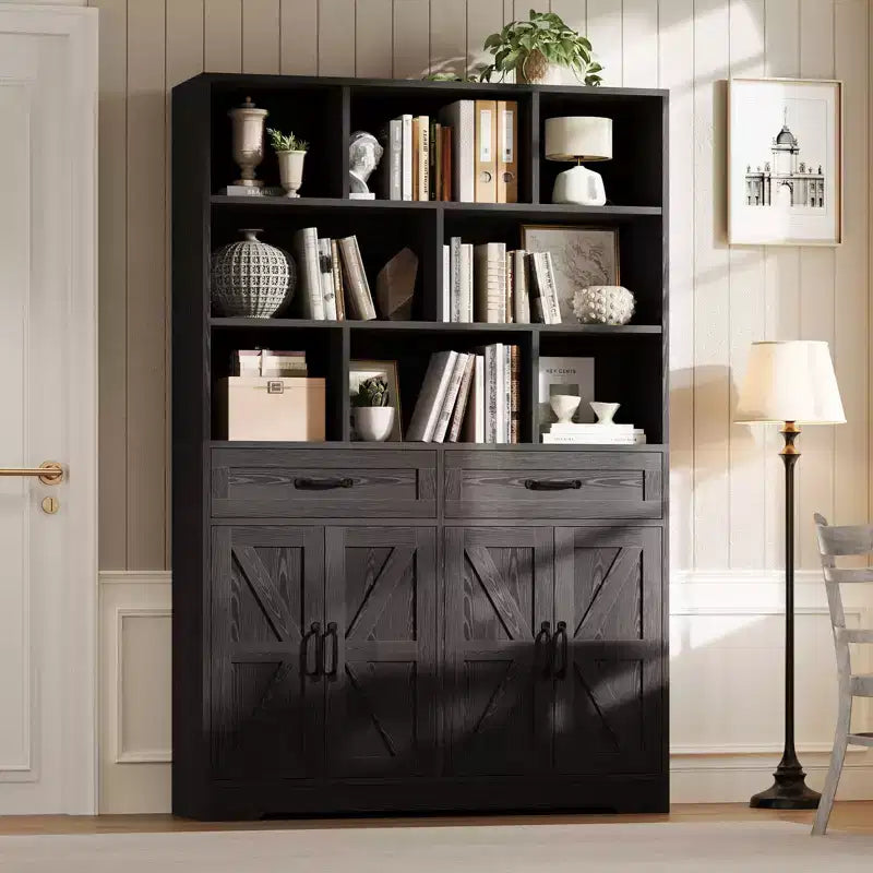 Bibliothèque haute de 71 po avec 2 tiroirs, étagère à livres en bois à 5 niveaux avec tablettes réglables, étagères de présentation ouvertes sur pied pour salon