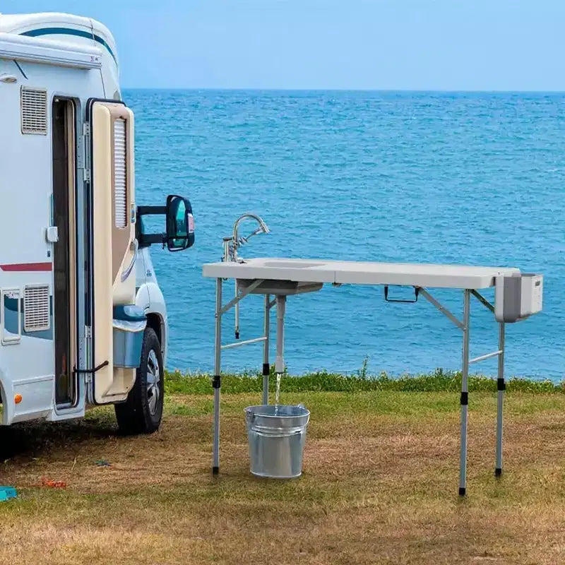 Table de nettoyage de poisson pliante avec évier et raccord de tuyau, table d'évier portable de 50 pour le camping en plein air, la pêche, la chasse, le camping-car, le jardin