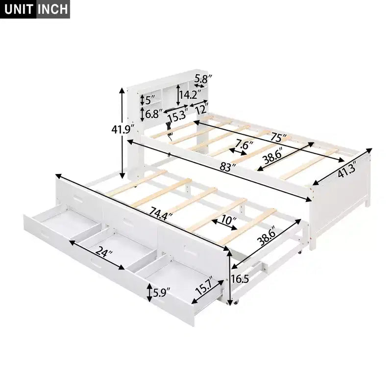 Lit plateforme GDF Studio Banks avec tête de lit de rangement, USB, lit gigogne double et 3 tiroirs