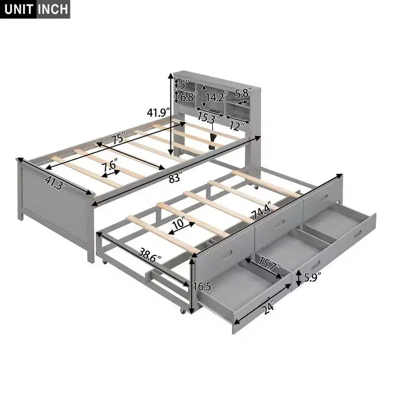Lit plateforme GDF Studio Banks avec tête de lit de rangement, USB, lit gigogne double et 3 tiroirs