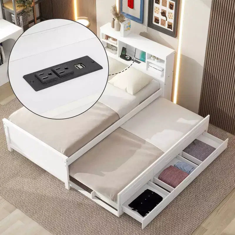 Lit plateforme GDF Studio Banks avec tête de lit de rangement, USB, lit gigogne double et 3 tiroirs