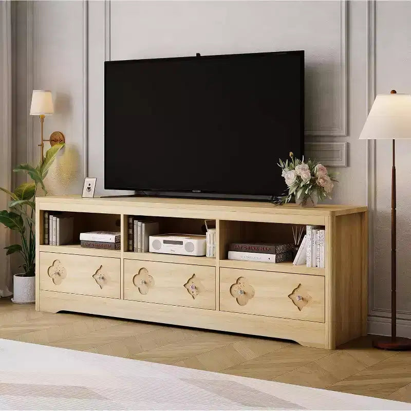 Meuble TV moderne du milieu du siècle de 70 pouces pour téléviseur de 85 pouces - Tiroir sculpté Poignées en cristal Gestion des câbles Capacité de 220 lb Centre média en bois MDF