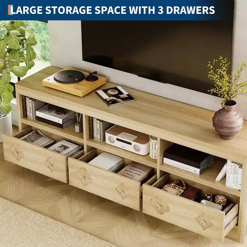 Meuble TV moderne du milieu du siècle de 70 pouces pour téléviseur de 85 pouces - Tiroir sculpté Poignées en cristal Gestion des câbles Capacité de 220 lb Centre média en bois MDF