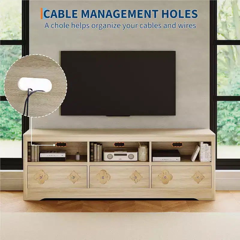 Meuble TV moderne du milieu du siècle de 70 pouces pour téléviseur de 85 pouces - Tiroir sculpté Poignées en cristal Gestion des câbles Capacité de 220 lb Centre média en bois MDF