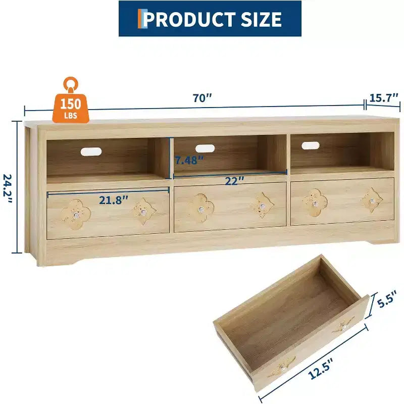 Meuble TV moderne du milieu du siècle de 70 pouces pour téléviseur de 85 pouces - Tiroir sculpté Poignées en cristal Gestion des câbles Capacité de 220 lb Centre média en bois MDF